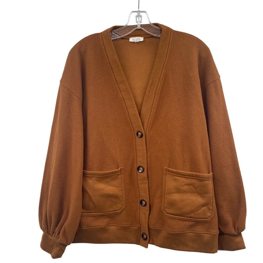 La Miel Womens Button Up Cardigan Fleece Brown Size Medium Pockets